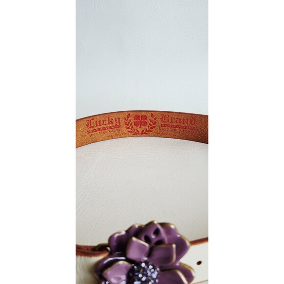 Lucky Brand Vintage Leather Belt Women’s Purple Enamel Flower 3D Buckle Boho Y2K